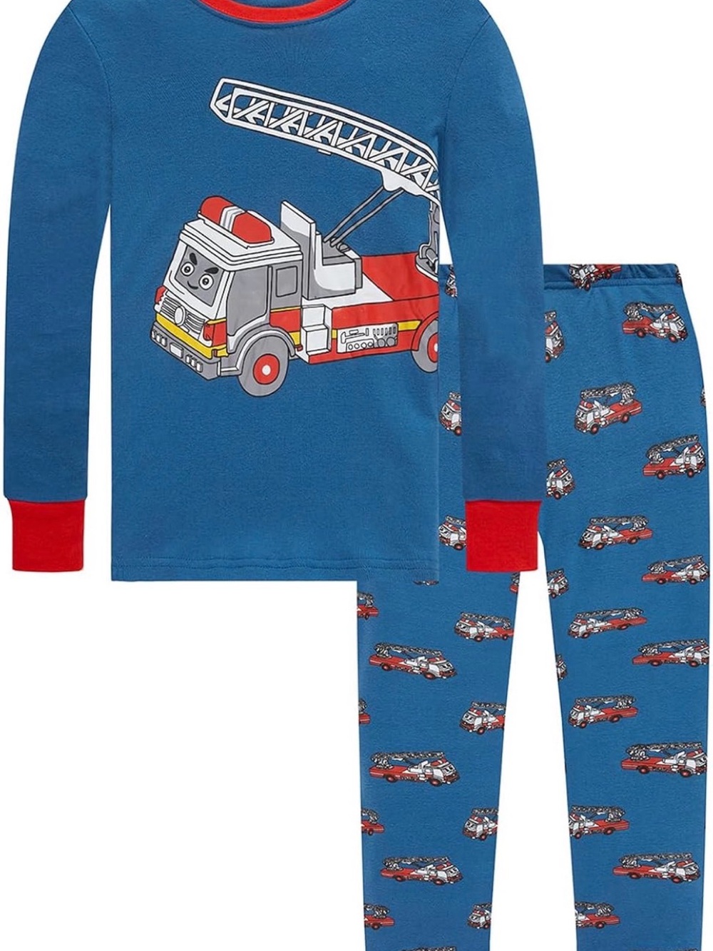 Blue Fire Truck Print Kids Pajama Set with Red Trim - 6